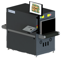 Illustration of the Astrophysics XIS 6040 VI3D Machine, with an x-ray of a bag on the screen
